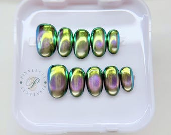 Aurora Chrome Press On Nails, Green Purple Cat Eye Nails, Mermaid Handmade Fake Nails, Metallic Almond Glue On Nails