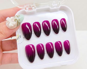 Purple Ombre Press On Nails, Dark Purple Gradient Handmade Nails, Glossy Almond Fake Nails, Elegant Glue On Nails