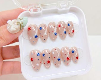 Patriotic Star Cat Eye Press On Nails, 4th of July Nails, Red White Blue Nails, Fourth of July Almond Nails, USA Independence Day Nail Set