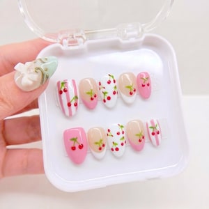 Cherry Press On Nails, Pink French Tip Nails, Cute Fruit Nails, Summer Cherry Nail Set, Kawaii Coquette Nails