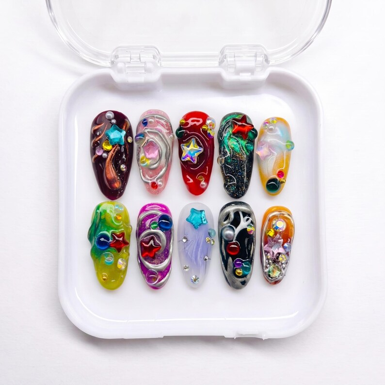 Star Moon Rave Press on Nails, Y2K Festival Handmade Nails, Techno ...