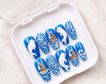 Beluga walvis plaknagels, 3D oceaanboot handgemaakte nagels, nepnagels voor de zomervakantie, schattige beluga plaknagels