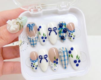 Blueberry Press On Nails, Bow Almond Nails, Blue Gingham Summer Nails, Cute Tropical Fruit Nail Set, Handmade Kawaii Cottagecore Nails