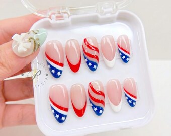 Patriotic Flag Press On Nails, USA Star Striped Handmade Nails, Red White Blue Fake Nails, 4th of July Glue On Nails