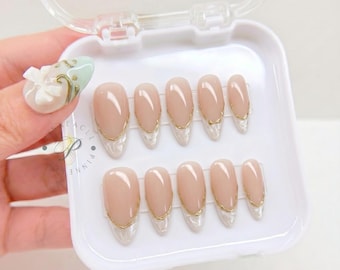 Pearl French Tip Press On Nails, Nude Almond Nails, Gold Outline French Nails, Elegant Bridal Nails, Minimalist Luxury Nail Set