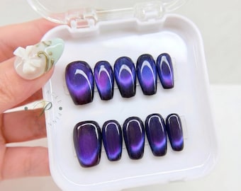 Purple Cat Eye Press On Nails, Dark Galaxy Handmade Nails, Gothic Chrome Fake Nails, Velvet Almond Glue On Nails