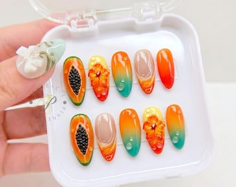 Papaya Press On Nails, Orange Ombre Almond Nails, Tropical Fruit Nails, Hibiscus Flower Nails, Summer Vacation Handmade Nail Set