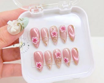 Pink Hibiscus Press On Nails, 3D Flower Nails, Pearl Cat Eye Nails, Gold Swirl Almond Nails, Elegant Floral Bridal Nail Set