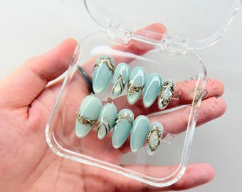 Mint Cat Eye Press On Nails, Sage Green Chrome Nails, Gold Abstract Nails, Elegant Almond Nails, Luxury Minimalist Nail Set