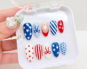 Patriotic Bow Almond Press On Nails, Red White Blue Star Handmade Nails, Polka Dot Fake Nails, 4th of July Glue On Nails