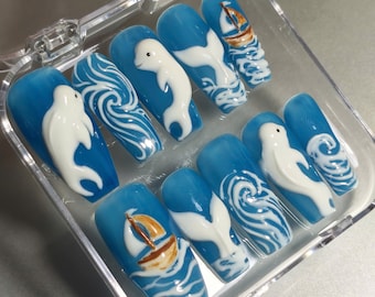 Beluga Whale Press On Nails, 3D Ocean Boat Handmade Nails, Summer Vacation Fake Nails, Cute Beluga Glue On Nails