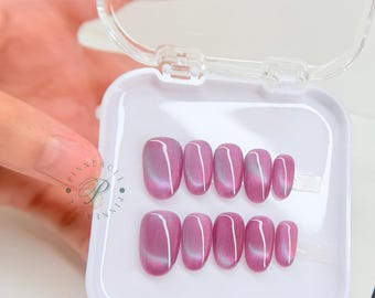 Pink Cat Eye Press On Nails, Simple Handmade Nails, Sparkly Jelly Fake Nails, Soft Girl Almond Glue On Nails