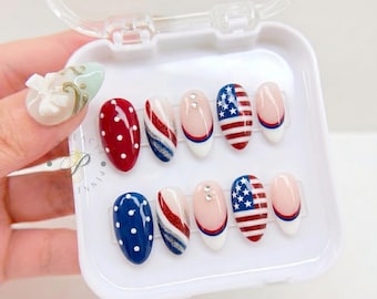 Patriotic French Tip Press On Nails, USA Flag Handmade Almond Nails, Red White Blue Fake Nails, 4th of July Glue On Nails