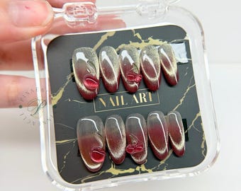Cherry Cat Eye Press On Nails, Burgundy Gradient Handmade Nails, Gold Glitter Fake Nails, Coquette Almond Glue On Nails