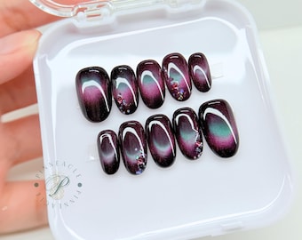 Burgundy Cat Eye Press On Nails, Dark Cherry Handmade Nails, Aura Glitter Fake Nails, Gothic Almond Glue On Nails