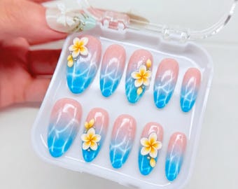 Tropical Flower Press On Nails, Blue Ombre Beach Handmade Nails, 3D Plumeria Fake Nails, Summer Vacation Glue On Nails