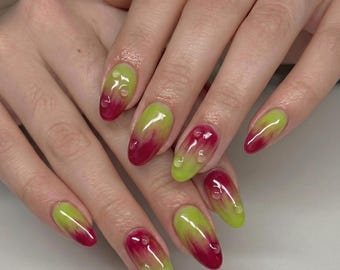 Apple Inspired Press On Nails, Green Red Jelly Nails, Fruit Aura Nails, Watercolor Ombre Nails, Handmade Short Square Nails