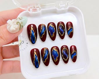 Burgundy Blue Cat Eye Press On Nails, Gold Chrome Handmade Nails, Blue Deep Red Wine Fake Nails, Gothic Almond Glue On Nails