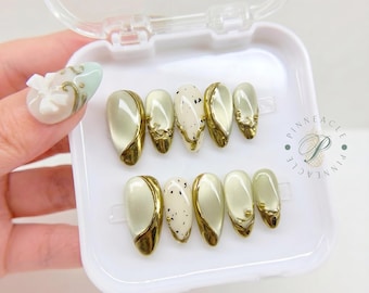 Champagne Gold Press On Nails, Metallic French Tip Handmade Nails, Luxury Almond Fake Nails, Elegant Glue On Nails