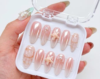 Pink Ombre Seashell Press On Nails, 3D Starfish Handmade Nails, Pearl Ocean Fake Nails, Summer Beach Glue On Nails