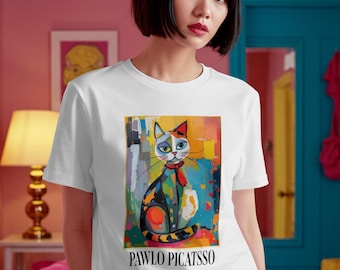 T-shirt unisexe coloré inspiré de l'art du chat, inspiré de Pablo Picasso, t-shirt cadeau pour les amoureux des chats de style confort, habillement, t-shirt Pawlo Picatsso