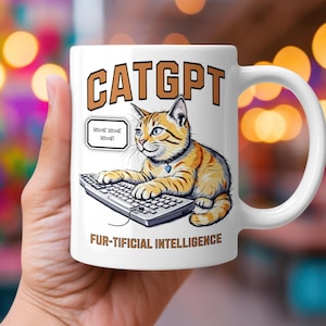 CatGPT Ceramic Mug, ChatGPT Mug, Cat Mom Gift, Cat Dad Mug for Coffee Tea Hot Chocolate, Furtificial Intelligence Nine Lives of Knowledge
