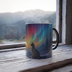 Taza de gato con diseño de aurora que cambia de color: perfecta para mañanas acogedoras, regalo para amantes de la naturaleza, taza que cambia de color, taza de café única, gato