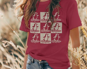 Pingvinrutnät-T-shirt, pingvinälskare-present, unisex t-shirt med kraftig bomull, kläder med pingvinmönster, kläder med pingvintema, pingvint-T-shirt för våren