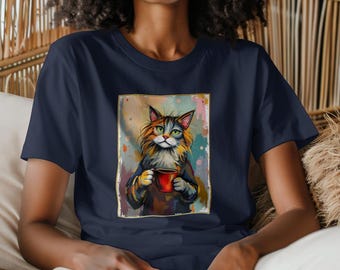 Op de afbeelding: Een marineblauw t-shirt met een kleurrijke illustratie van een kat die een rode mok vasthoudt. De kat heeft groene ogen en een witte borst. De illustratie is omgeven door een geel kader.