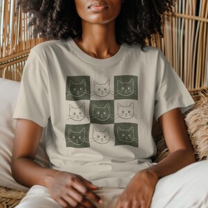 Grid Shirt Cute Cat Faces Unisex Heavy Cotton Tee, Perfect for Cat Lovers, Gift for Pet Owners, Casual Wear, Animal Lovers&#39; Tee, Catful Mom