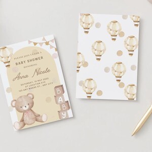 Faire-part baby shower – Ours en peluche, blocs et montgolfières | PDF personnalisées ou cartes imprimées (Ensemble de 25)