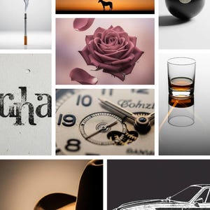 May include: A collage of images including a lit cigarette with smoke, a horse silhouette against a sunset, a black eight ball, a rose with falling petals, a glass of amber liquid, a watch face, a cowboy hat, and a car outline.