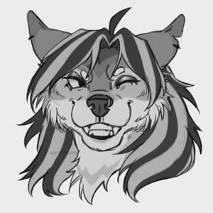 May include: A grayscale digital illustration of an anthropomorphic wolf head with long, layered hair, pointed ears, and a winking expression. The character has a visible nose ring and a wide, toothy grin. The text @SCHSYTHER is visible.