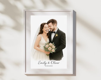 May include: A framed wedding portrait of a smiling couple. The bride is in a white dress and veil, holding a bouquet of pink roses. The groom wears a black tuxedo. The names "Emily & Oliver" and the date "18.08.2020" are written below the image.