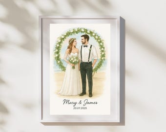 May include: A framed watercolour illustration of a wedding couple. The bride is in a white dress, holding a bouquet, and the groom wears a white shirt, black trousers, and braces. The names "Mary & James" and the date "20.07.2025" are written below the image.