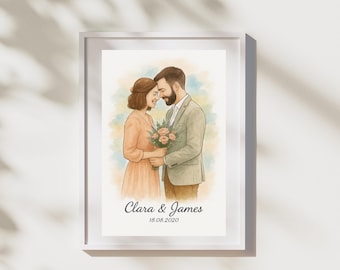 May include: A framed watercolor illustration of a couple embracing, holding a bouquet of flowers. The woman wears a peach dress, and the man wears a green suit. The names "Clara & James" and the date "18.08.2020" are printed below the couple.