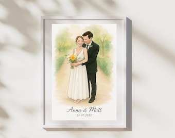 May include: A framed watercolour illustration of a couple embracing on a path. The woman wears a white wedding dress and holds a bouquet of yellow flowers. The man is in a black suit. The names "Anna & Matt" and the date "20.07.2022" are printed below.