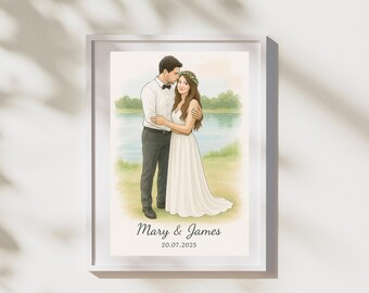 May include: A framed watercolor illustration of a couple embracing, set against a serene lakeside backdrop. The man wears a white shirt and gray pants, while the woman is in a white wedding dress. The text "Mary & James 20.07.2025" is at the bottom.