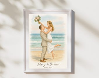May include: A framed watercolor print depicts a couple on a beach, the man holding the woman. She wears a white dress and a floral crown, holding a bouquet. The man wears a tan suit. The text "Mary & James" and the date "20.07.2025" are below the couple.