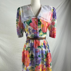 Vintage 80s Floral Dress: Pastel Watercolor Print, Sheer Collar