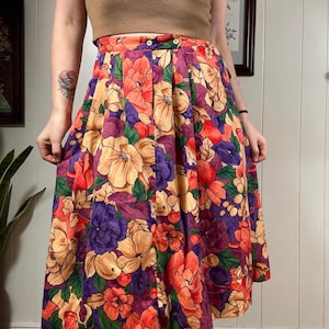 Vintage Floral Fruit Print Skirt: Cotton Cottagecore Midi