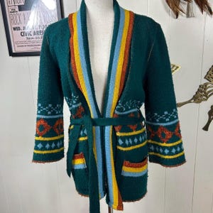Vintage 70s 100% Orlon Acrylic Sabra Wintuk Southwestern belted Shawl Cardigan
