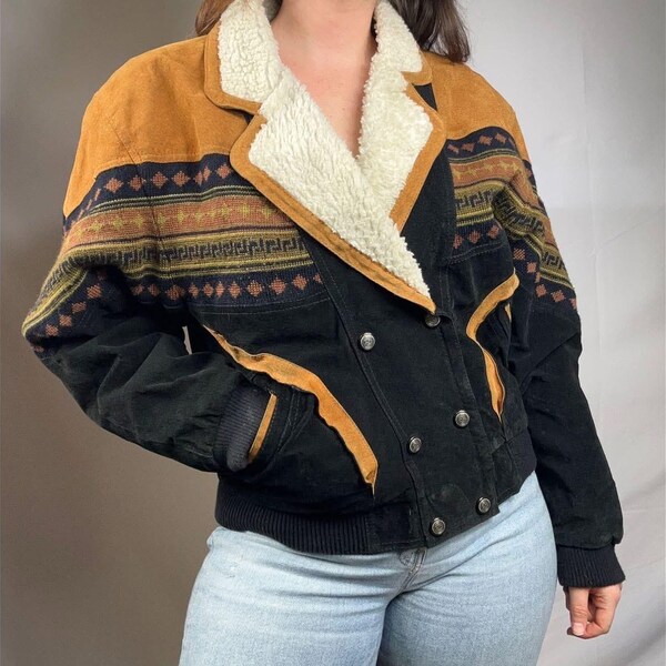 Vintage Y2K Southwestern bomberjack maat small sherpa gevoerd Azteekse boho western cowgirl rodeo