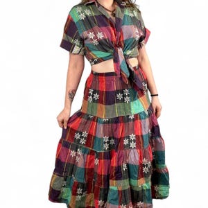 Rare Vintage Floral Patchwork Plaid Two Piece Tie Top Maxi Skirt L Cottage Boho