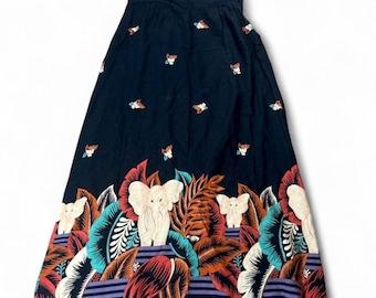 Saia midi boho vintage dos anos 70, cintura alta, com estampa de elefantes, 63,5 cm (25"), feminina, estilo hippie/festival.