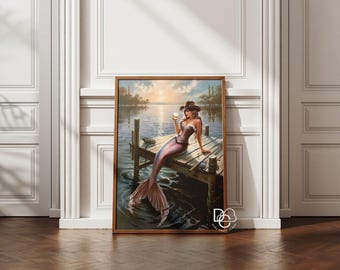 Cowgirl Mermaid Art Print, Whiskey Sunset, Bar wall art (Digital Download)
