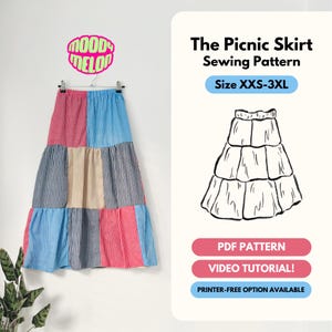 Może przedstawiać: Spódnica maxi w stylu patchwork z czerwonymi, niebieskimi, beżowymi i czarnymi wzorami w kratę wisi na wieszaku. Spódnica znajduje się obok grafiki spódnicy z falbanami i tekstu "The Picnic Skirt Sewing Pattern" i "Size XXS-3XL".