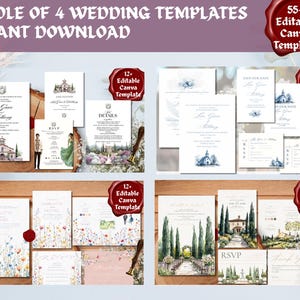 Pacote com 4 convites temáticos para casamento | Direitos de Revendedor Master da MRR | Modelos Canva | Download Digital | Convite de Casamento
