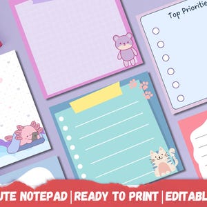 Lindo juego de blocs de notas digitales / Papelería kawaii imprimible / Editable en Canva / Notas de lista en tonos pastel / Descarga instantánea en PDF
