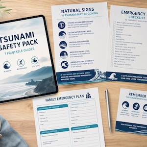May include: A tablet displays "TSUNAMI SAFETY PACK" with 7 printable guides. Beside it are printed checklists and guides for emergency preparedness, including natural signs of a tsunami, an emergency kit checklist, and a family emergency plan. A cup of coffee and a pen are also visible.